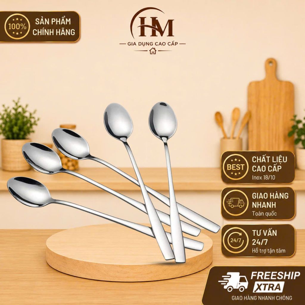 Thìa Hến Cán Dài Inox 304 Cao Cấp Muỗng Ăn Sữa Chua Cafe Uống Nước Ép Dễ Dàng Vệ Sinh