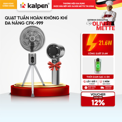 Quạt điện tuần hoàn không khí 8 cấp độ gió Kalpen CFK-999, quạt tích điện pin trâu 10000mAh hàng chính hãng