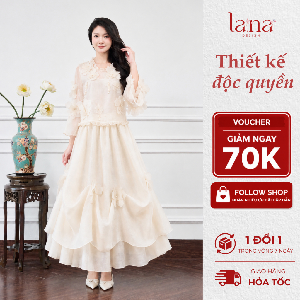 Set váy thiết kế LANA DESIGN Miên Hoa màu kem chất liệu tơ xước mềm mịn đính hóa tinh tế - SV489