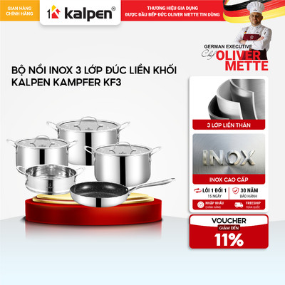 Bộ nồi chảo 5 món Inox 304 liền khối KALPEN KAMPFER KF3 16-20-24 chảo 24cm hàng chính hãng