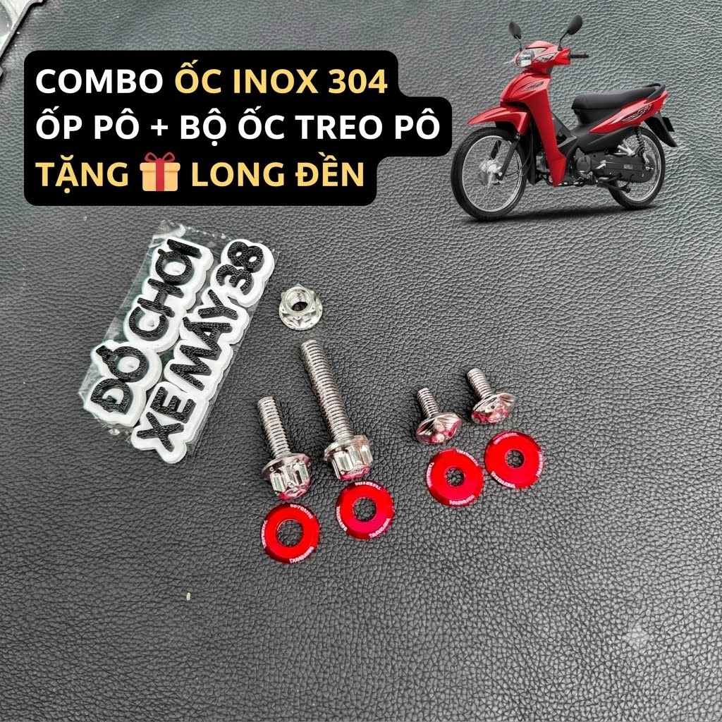 Combo treo pô và ốp pô salaya inox 304 cho Wave 50-100-110, Future125, Rsx Fi, Blade kèm long đền đỏ
