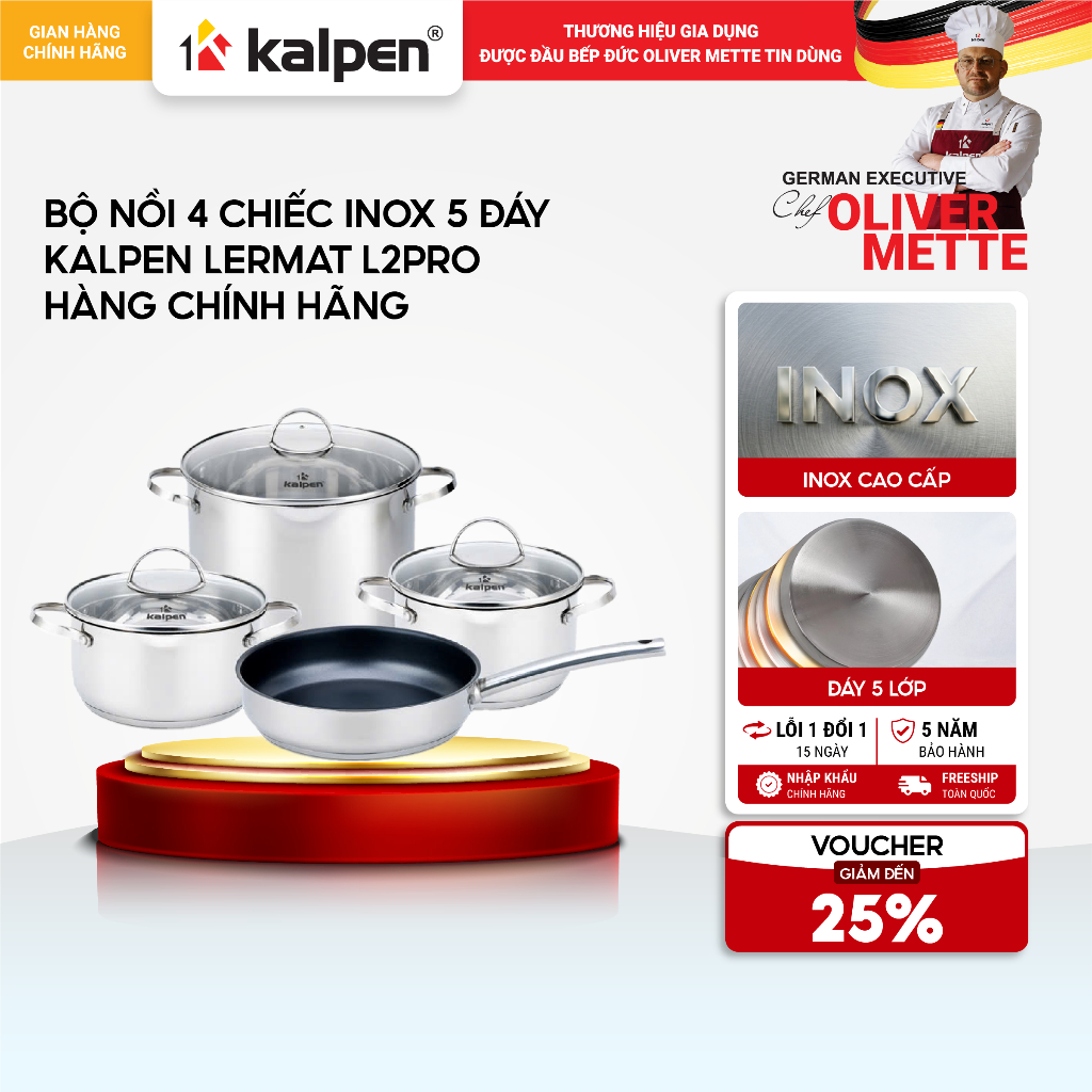 Bộ nồi chảo 4 món Inox 5 lớp đáy KALPEN LERMAT L2PRO 18-22-26cm hàng chính hãng