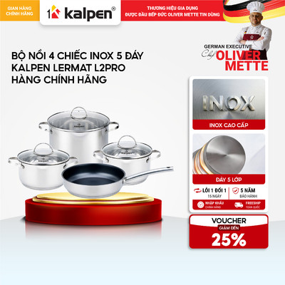Bộ nồi chảo 4 món Inox 5 lớp đáy KALPEN LERMAT L2PRO 18-22-26cm hàng chính hãng