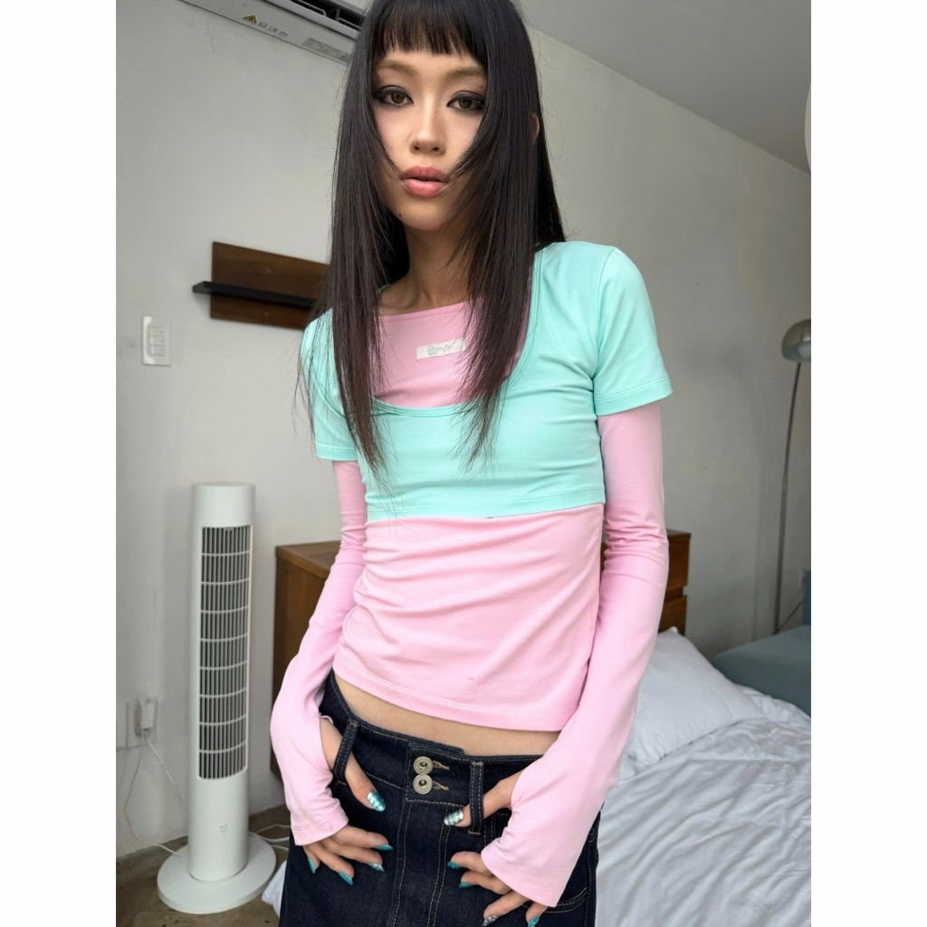 61COMFY STRAWBERRY LAYERS TOP - Áo thun tay dài phối layers