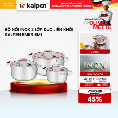 Bộ 3 nồi Inox 304 liền khối KALPEN EMER EM1 16-20-24cm hàng chính hãng