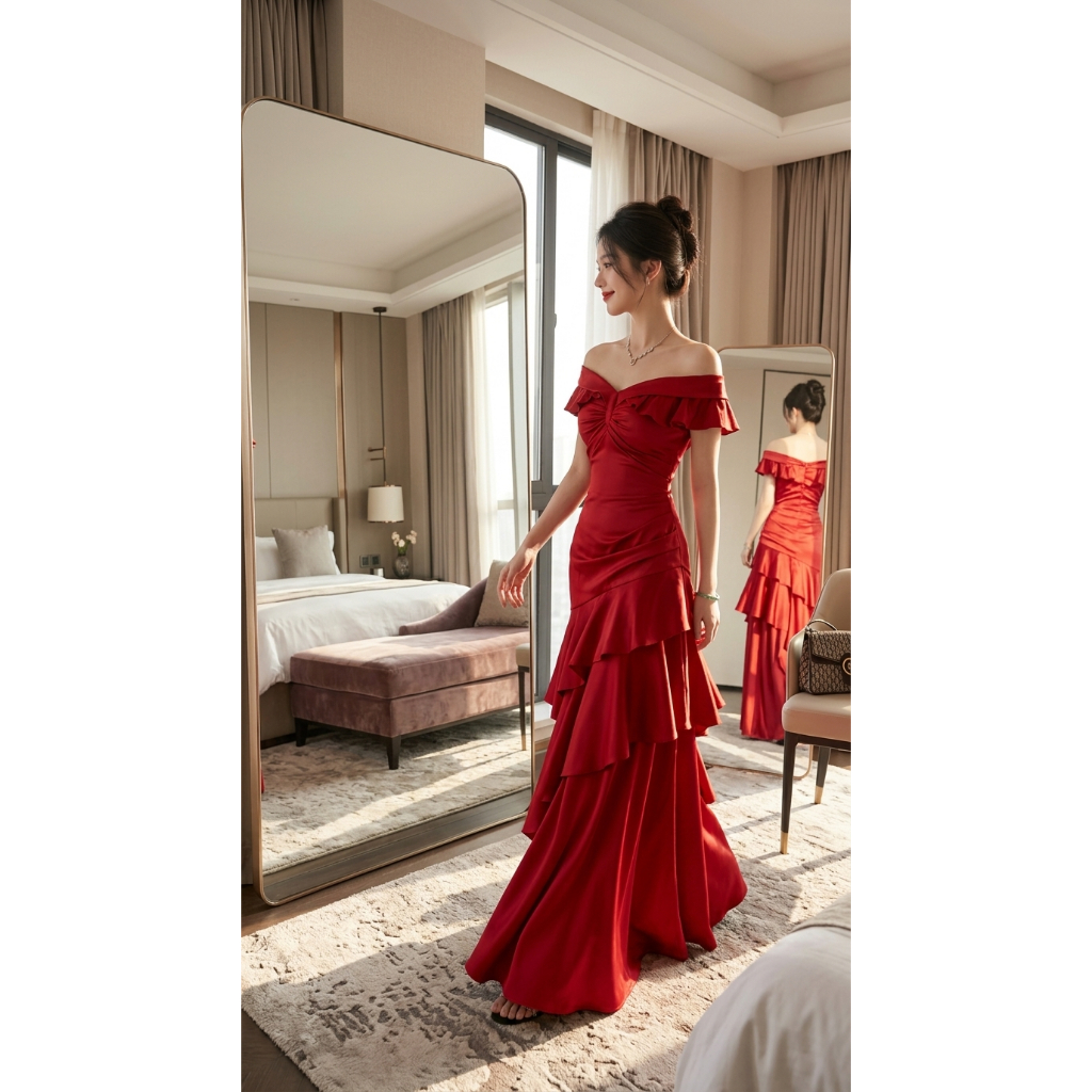 LEE.RIN BOUTIQUE DP13 ĐẦM PHI TRẮNG BẸT VAI 3 TẦNG