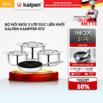 Bộ nồi chảo 4 món Inox 304 liền khối KALPEN KAMPFER KF2 16-20-24 chảo 26cm hàng chính hãng
