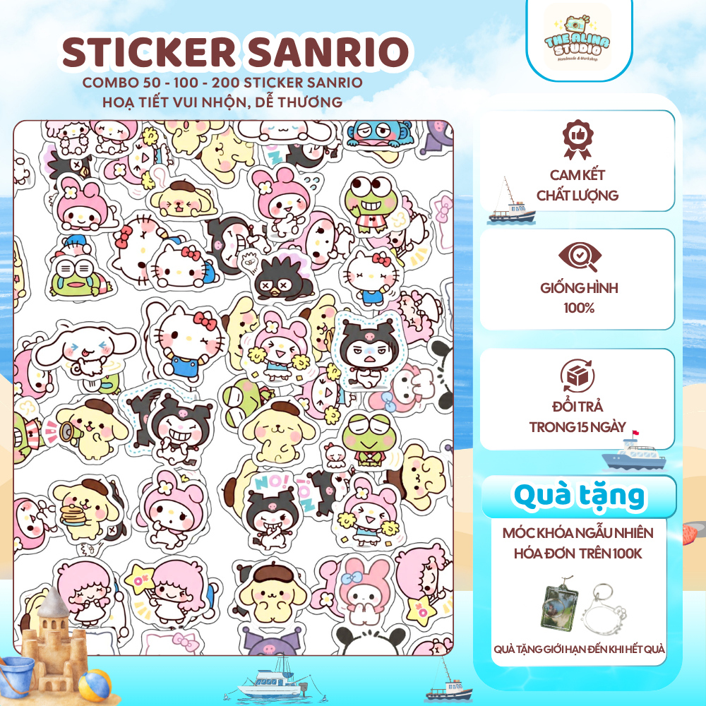 Set 50/100/200 Sticker Sanrio, Sticker Hello Kitty, Sticker Pochacco,The Alina Studio,Tặng móc khoá