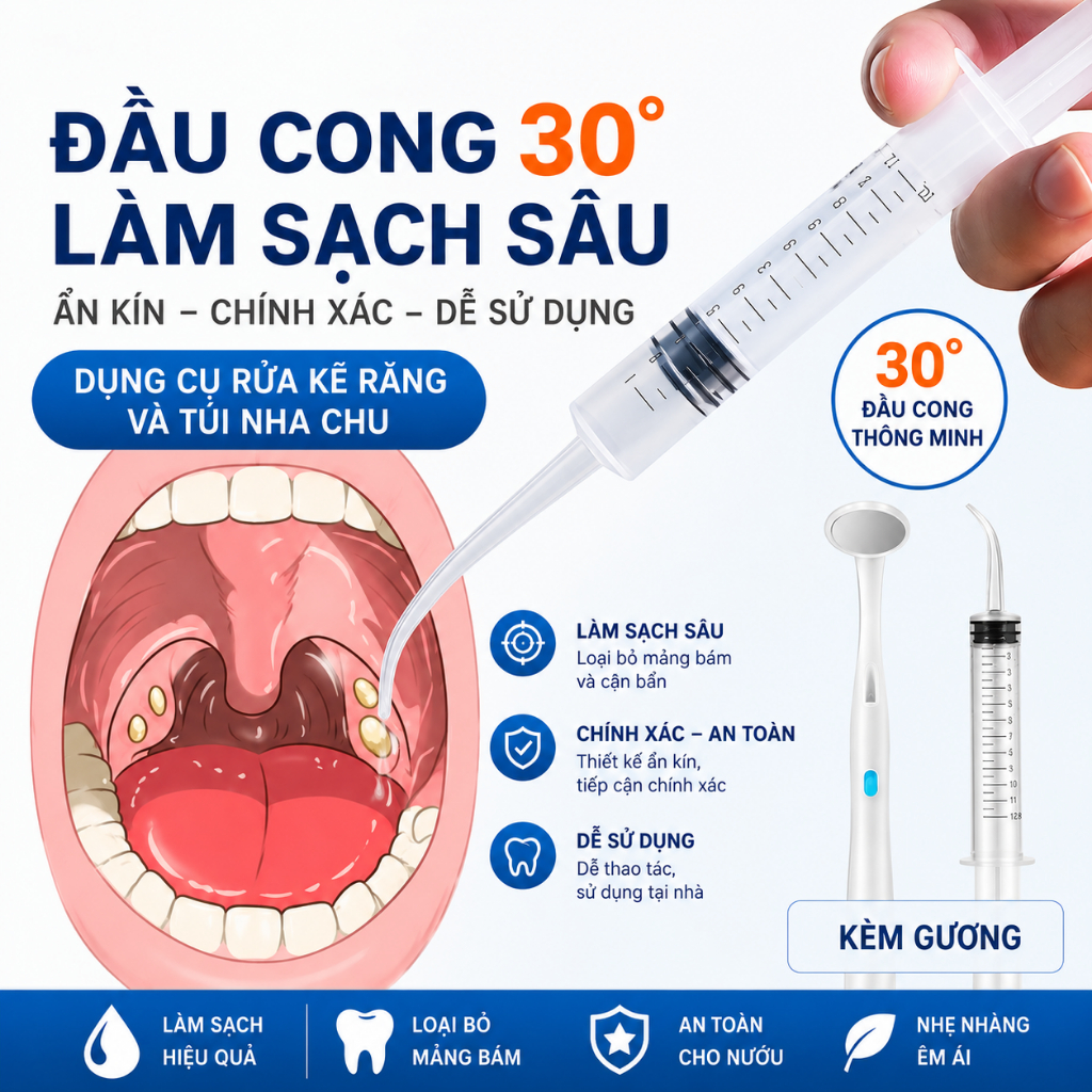 Dụng Cụ Vệ Sinh Hốc Amidan Đầu Cong 30° – Ống Bơm Rửa Hốc Amidan – Làm Sạch Sâu – Kèm Gương Soi