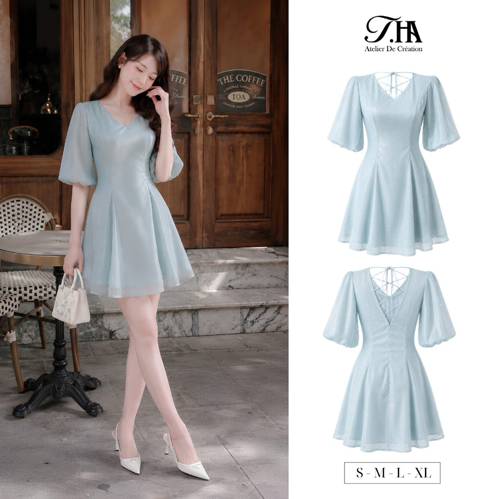 T.HA Đầm ngắn Fleur Elise cổ V tay phồng chiết eo dáng xòe thanh lịch nữ tính