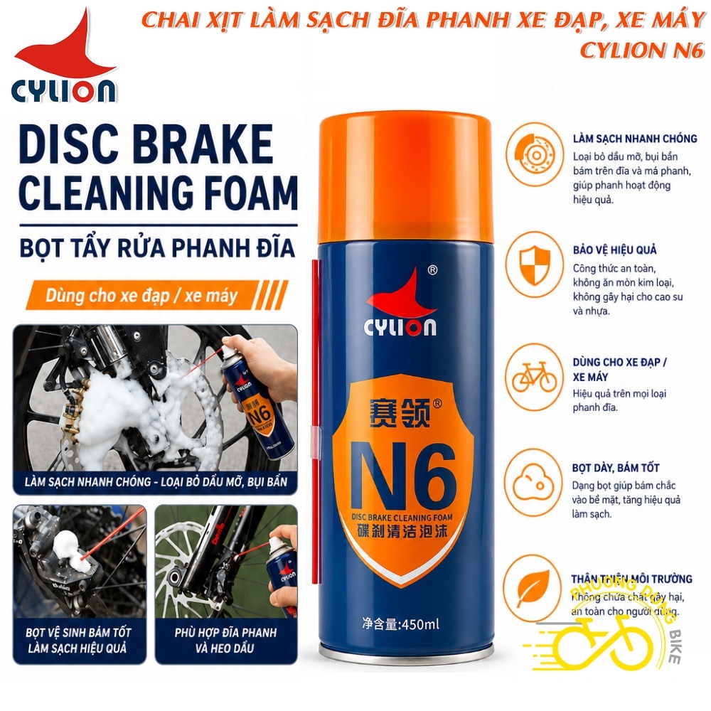 Bình xịt làm sạch đĩa thắng phanh xe đạp, xe máy Cylion N6 - Loại bỏ tiếng kêu do bụi bẩn, dầu bám