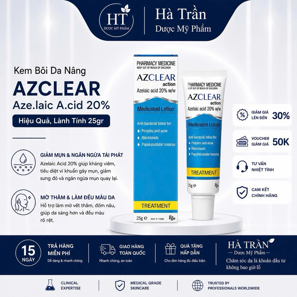 Kem Giảm Mụn, Mờ Thâm Azclear Azelaic Acid 20% Hiệu Quả, Lành Tính 25gr