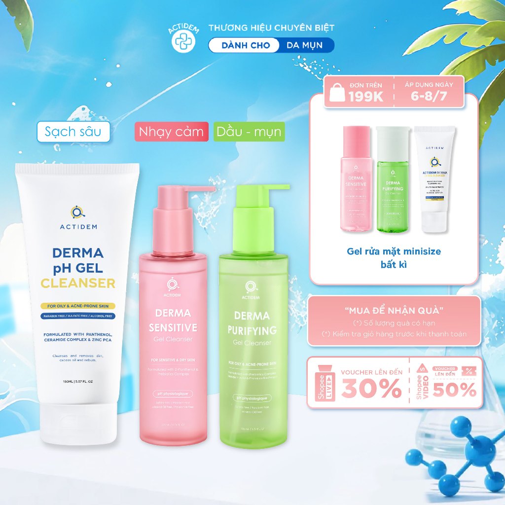 Gel rửa mặt cho da dầu, nhạy cảm, da hỗn hợp Actidem Derma pH/Sensitive/Purifying Gel Cleanser 30/150/200ml | BigBuy360 - bigbuy360.vn
