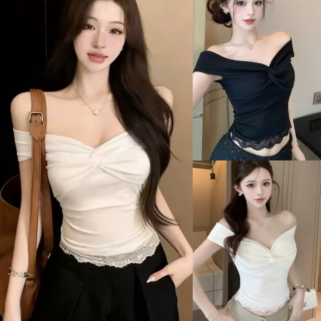 Áo trễ vai nữ tay ngắn thiết kế xoắn ngực viền ren vải cotton mịn co giãn A275 SUTANO | BigBuy360 - bigbuy360.vn