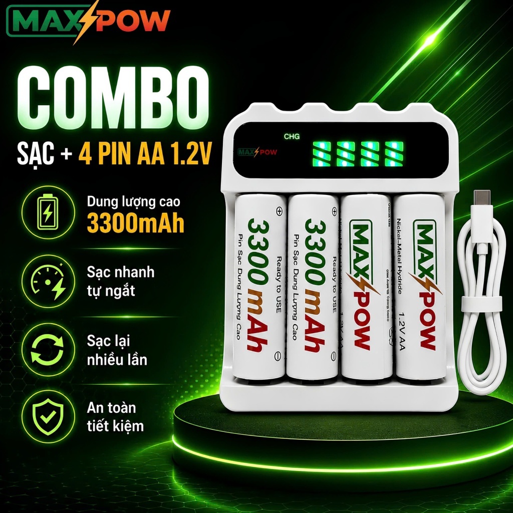 Combo bộ Pin Sạc Cao Cấp MAXPOW : 1 Sạc + 4 Pin 2A 3300mAh 1.2V -  Dung Lượng Cao 3300mAh -  Sạc Lại