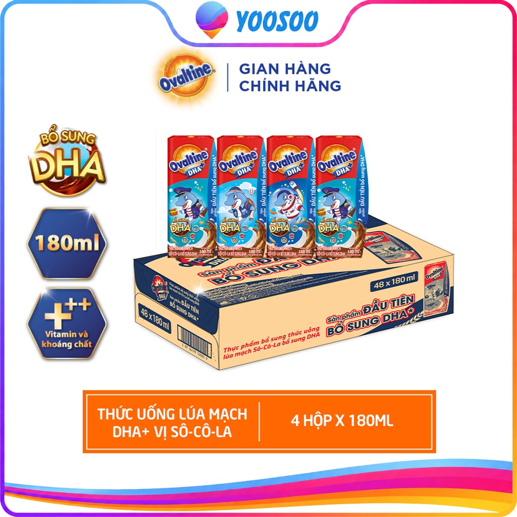 Thức Uống Lúa Mạch Vị SoCoLa Ovaltine DHA+ / x2 Canxi Thùng 48 Hộp 180/110ml - YOOSOO