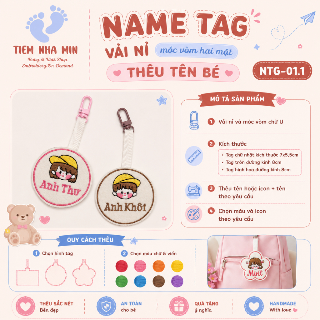 [Tiệm Nhà Min] Name Tag Vải Nỉ Hai Mặt Treo Cặp, Balo Thêu Tên, Móc Khóa Cặp Balo, Thẻ Đeo Thêu Tên 