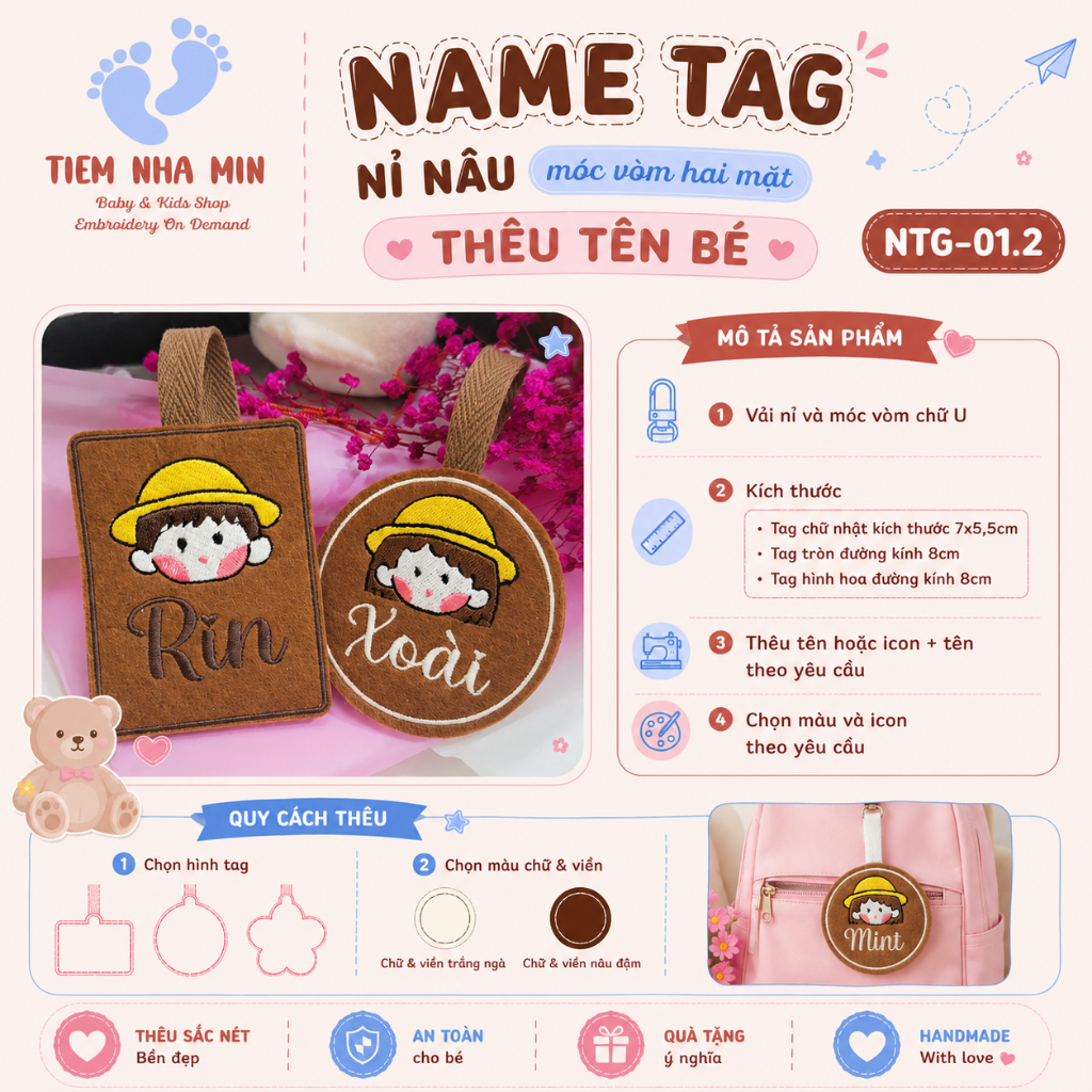 [Tiệm Nhà Min] Name Tag Vải Nỉ NỀN NÂU Thêu Hai Mặt Dùng Treo Cặp, Balo, Móc Khóa Cặp Balo, Thẻ Đeo 