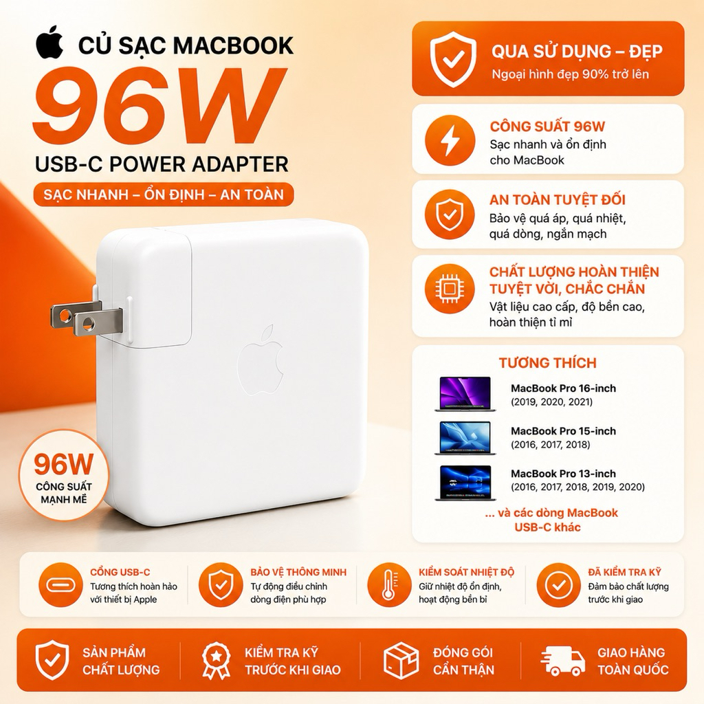 Củ sạc MB 96W (cổng USB-C) chính hãng (Qua SD, Đẹp)