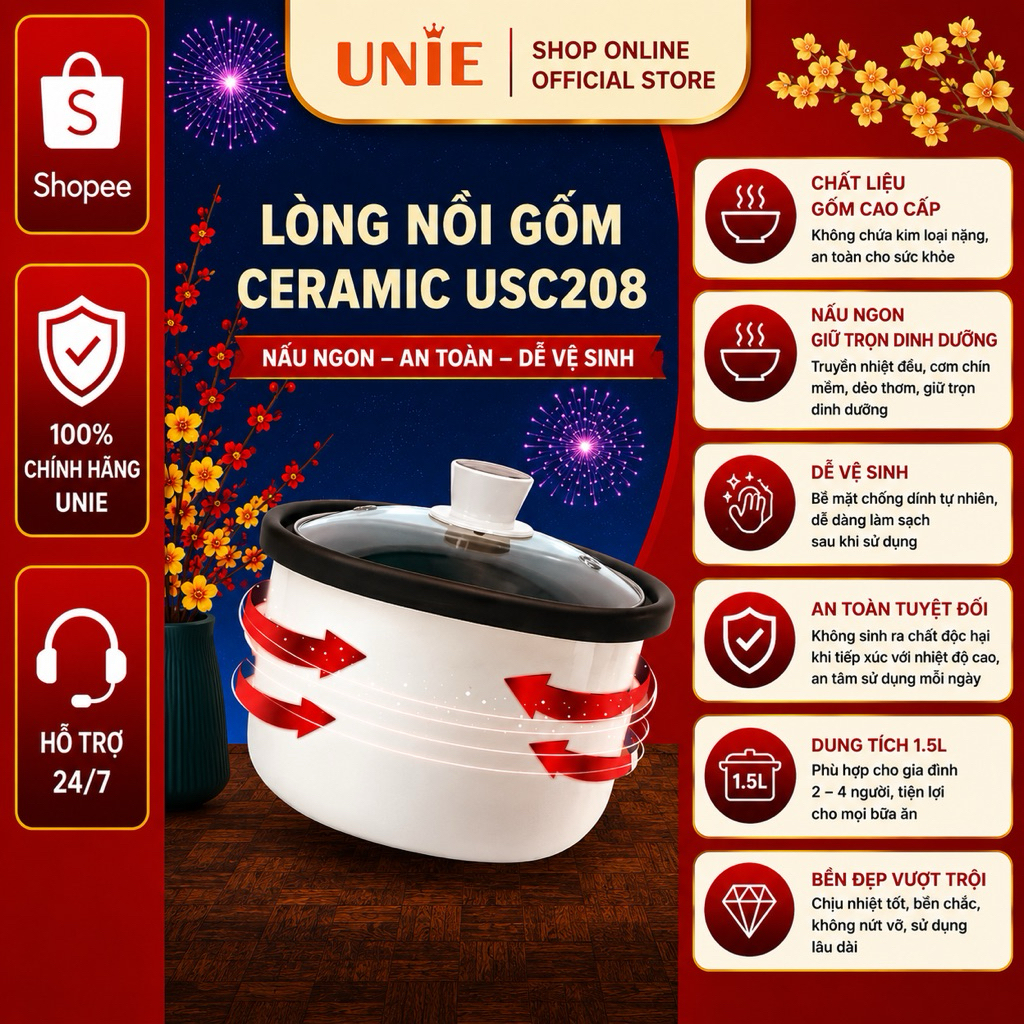 Lòng Nồi Nấu Chậm UNIE USC208 Chính Hãng Gốm Ceramic Cao Cấp Chuẩn Khớp Dễ Vệ Sinh