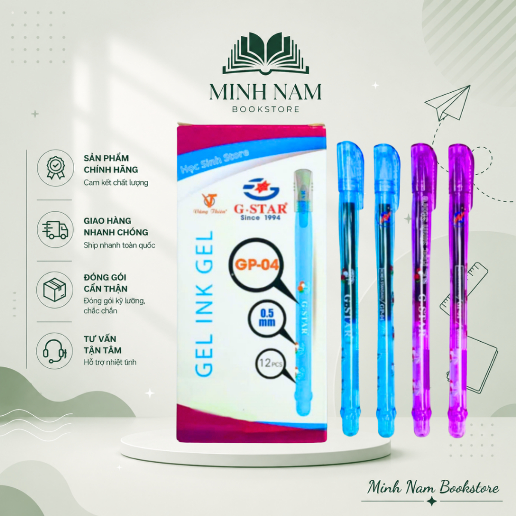Hộp 12 cây Bút viết gel nước Gstar GP-04 / GP04 0.5mm (Xanh, Đỏ, Đen, Tím)