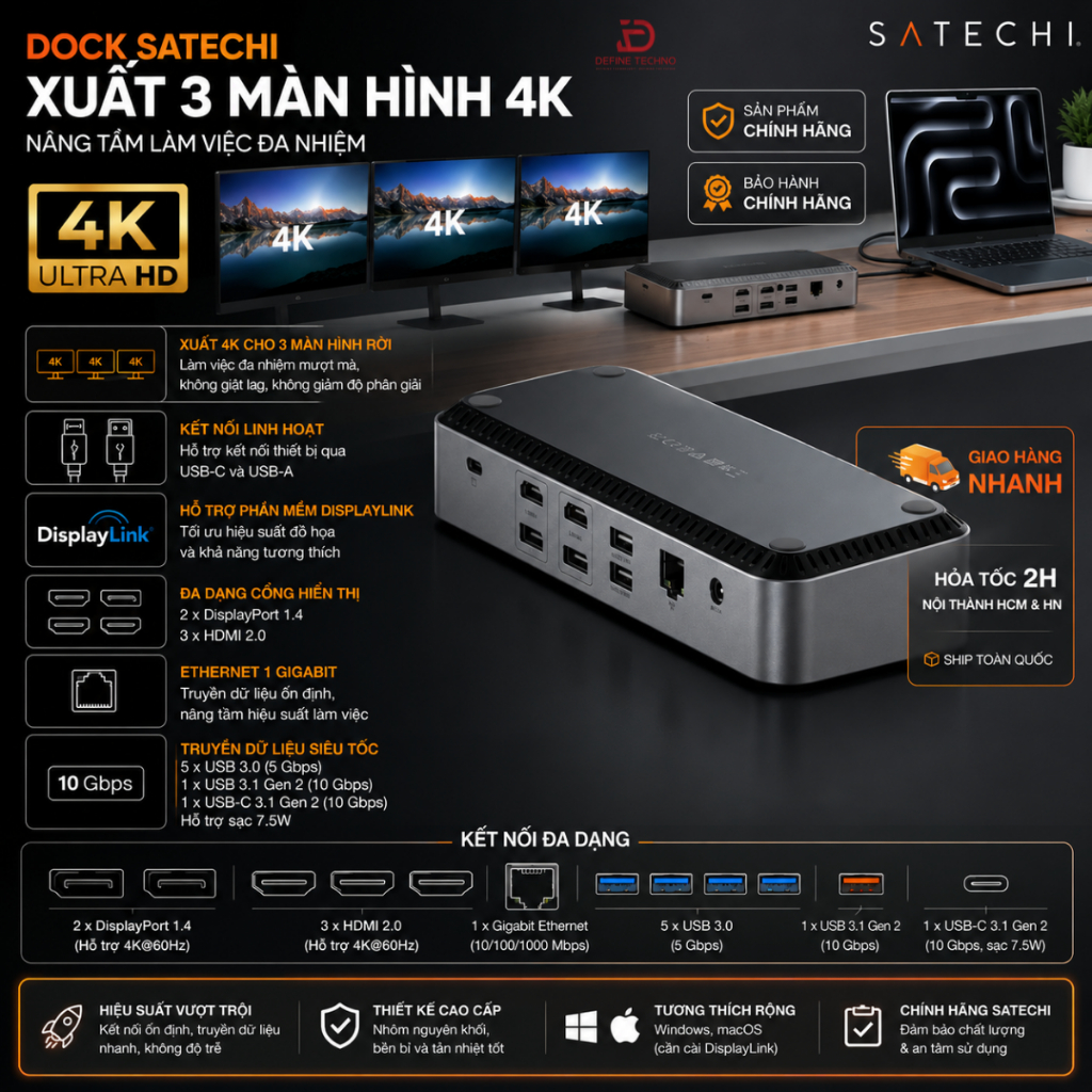 Dock Satechi xuất 3 màn hình 4K USB C Docking Station 13 trong 1, với 100W PD, 2 DisplayPort, 3 HDMI