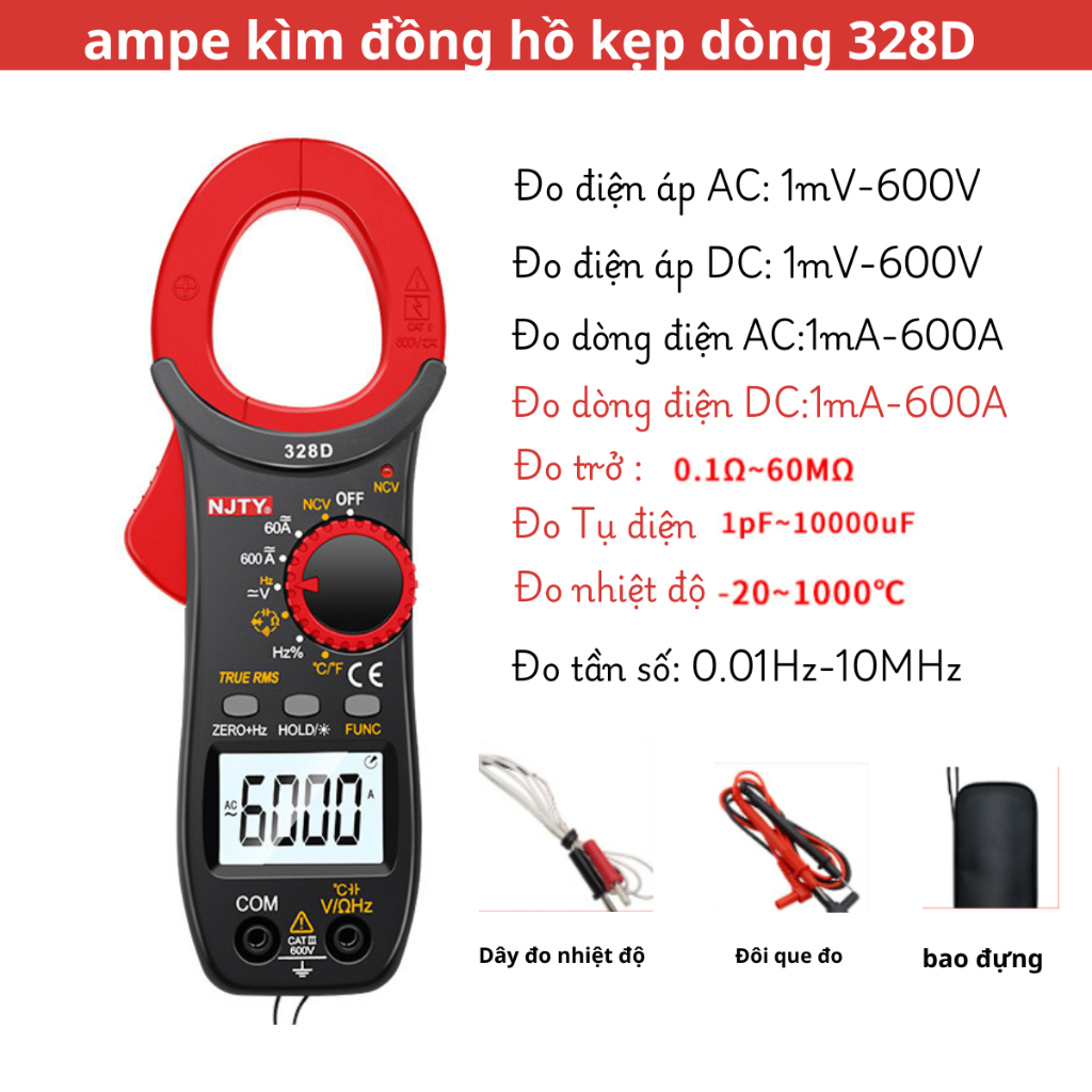 Đồng hồ Ampe kìm 328D NJTY đồng hồ kẹp dòng AC và DC vạn năng đo tụ điện, diode, tần số, nhiệt độ, đ