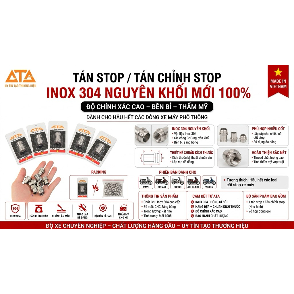 Tán stop / Tán chỉnh stop CTS Inox304 nguyên khối Mới 100%