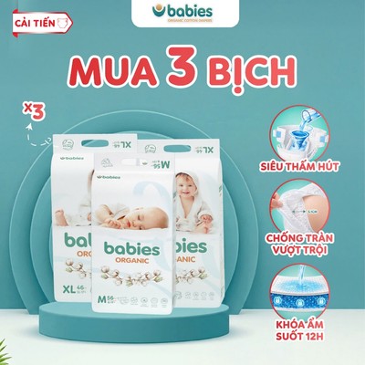 [Không quà] Combo 3 Bịch Tã/ Bỉm BABIES ORGANIC Mềm Mịn, Thấm Hút Vượt Trội - Bỉm Thương Hiệu Việt An Toàn Cho Bé
