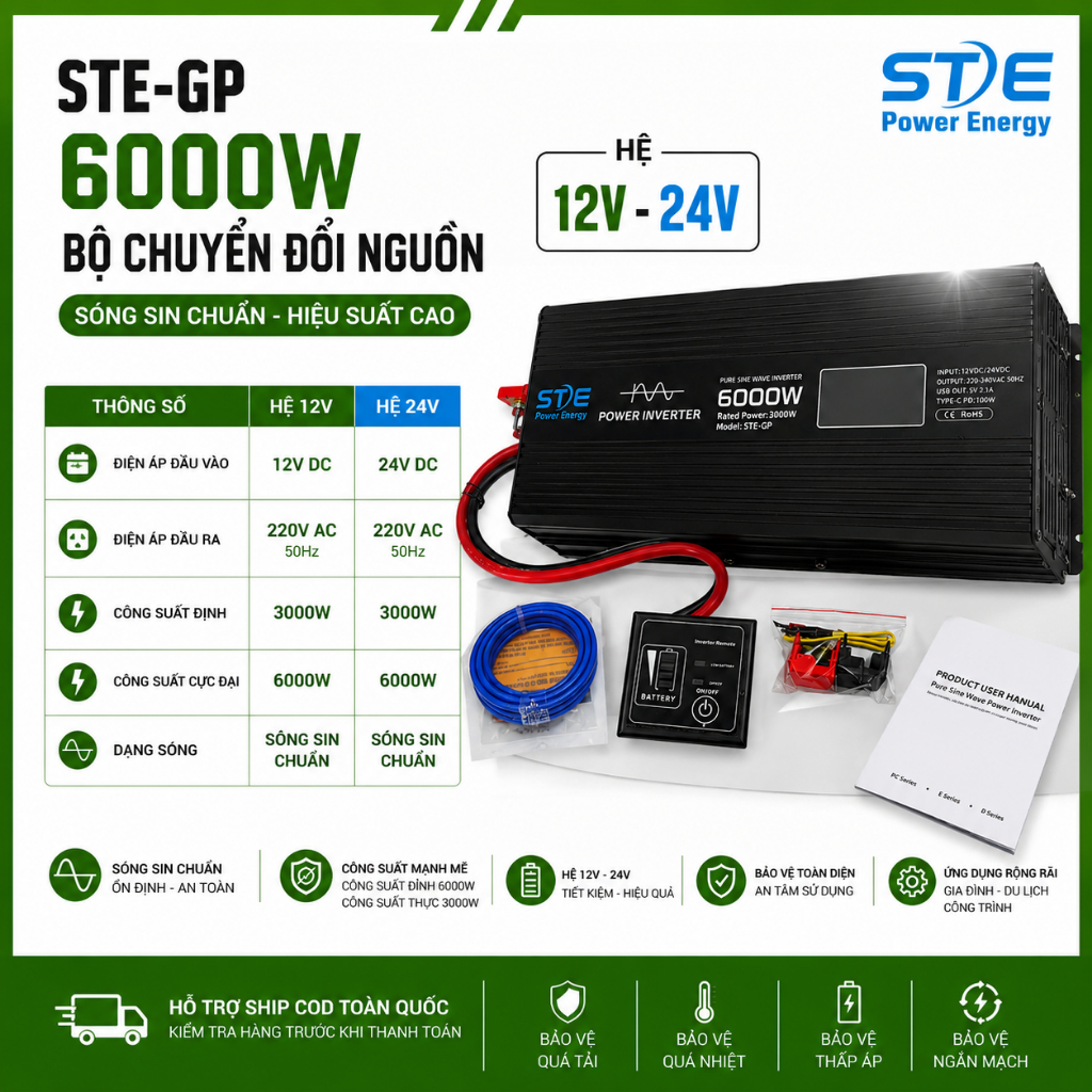 Inverter Sin Chuẩn STE-GP 6000W 12V/24V Ra 220V AC | Công Suất Thực 3000W |Phân Phối STE Power Energ