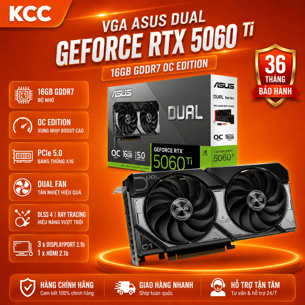 Card màn hình ASUS Dual GeForce RTX 5060 Ti 16GB GDDR7 OC Edition (DUAL-RTX5060TI-O16G) - Bảo Hành 3