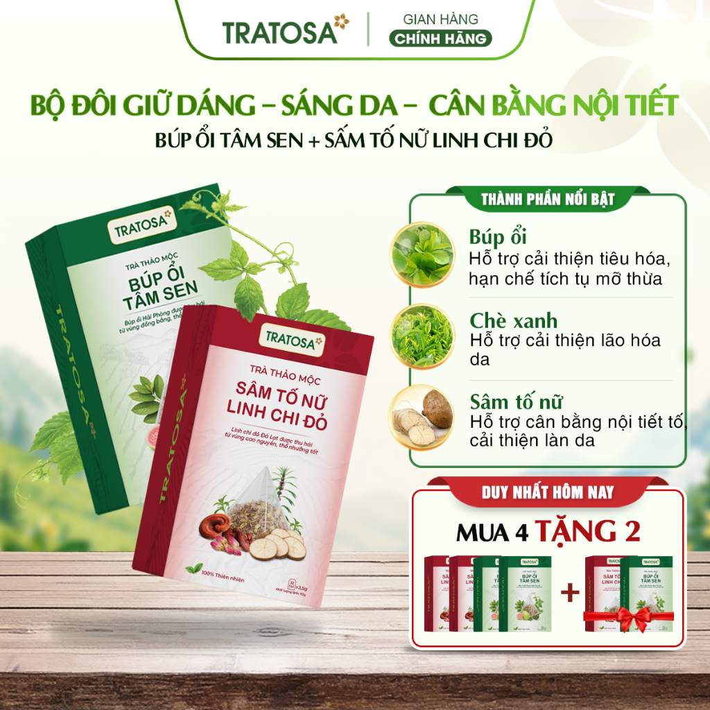 [Combo Cân Bằng Nội Tiết- Giữ Dáng– Sáng Da ] Trà Sâm Tố Nữ Linh Chi Đỏ + Trà Búp Ổi Tâm Sen TRATOSA