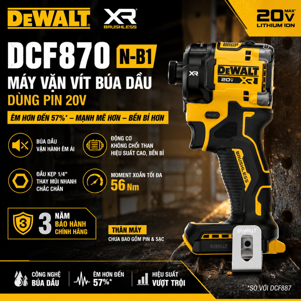 Máy Vặn Vít Pin Dewalt DCF870 20V Búa Dầu XR Brushless | Siết Vít Êm, Lực Mạnh
