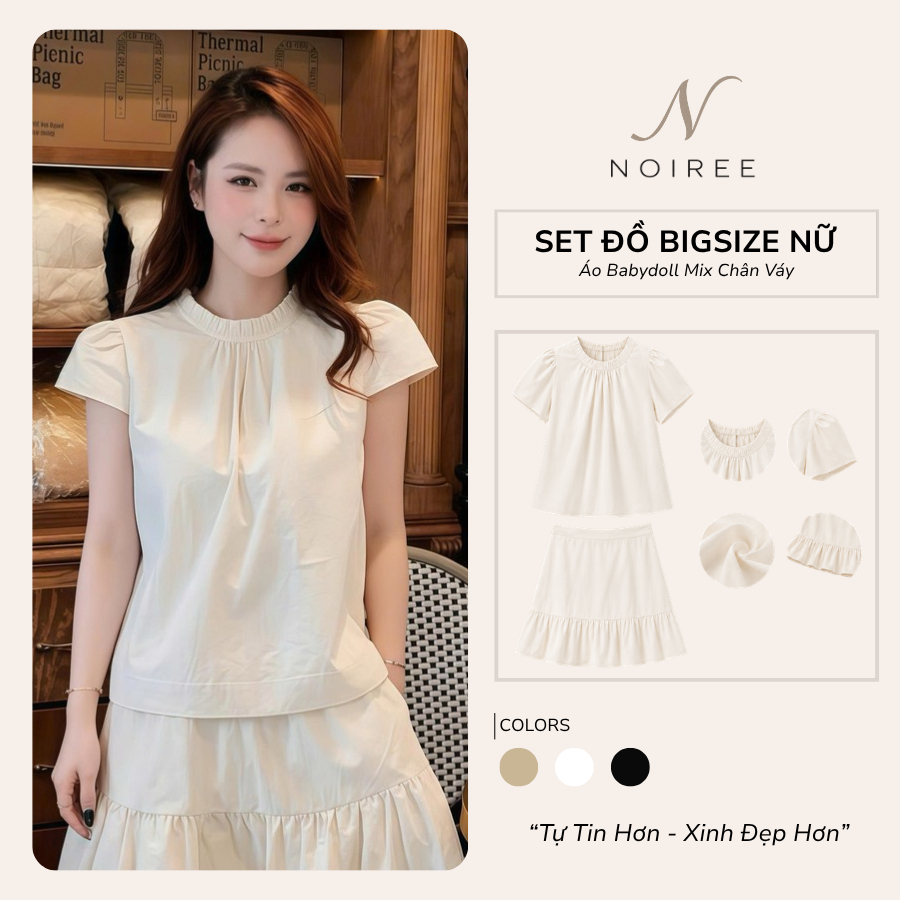 [BigSize] Set Áo Babydoll Bigsize Nữ Tay Phồng Cột Dây Nơ Phối Chân Váy Xinh Xắn Noiree - BS006