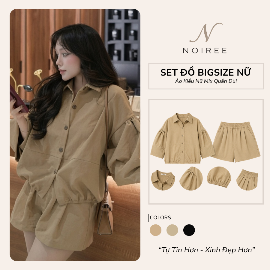 [BigSize] Set Đồ Bigsize Nữ Áo Babydoll Tay Bồng Cúc Cài Kèm Quần Short Ngắn Mùa Hè Noiree - BS008