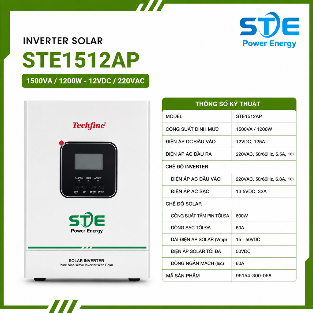 INVERTER  Mặt Trời STE1512AP 1500VA/1200W 12VDC Ra 220VAC | MPPT 60A | Sóng Sin Chuẩn-Phân Phối STE 
