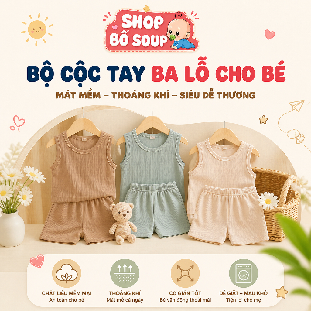 Bộ cộc tay ba lỗ cho bé trai bé gái chất liệu thun lạnh cho bé HB kids