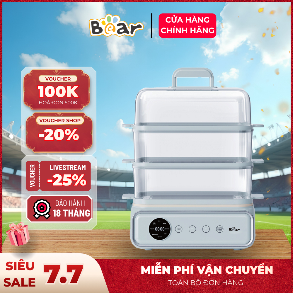 Nồi Hấp Bear 3 Tầng Tổng 21.5L Màu Trắng Công Suất 1200W Mạnh Mẽ Hấp Chín Đều Thực Phẩm DZG-P20W7