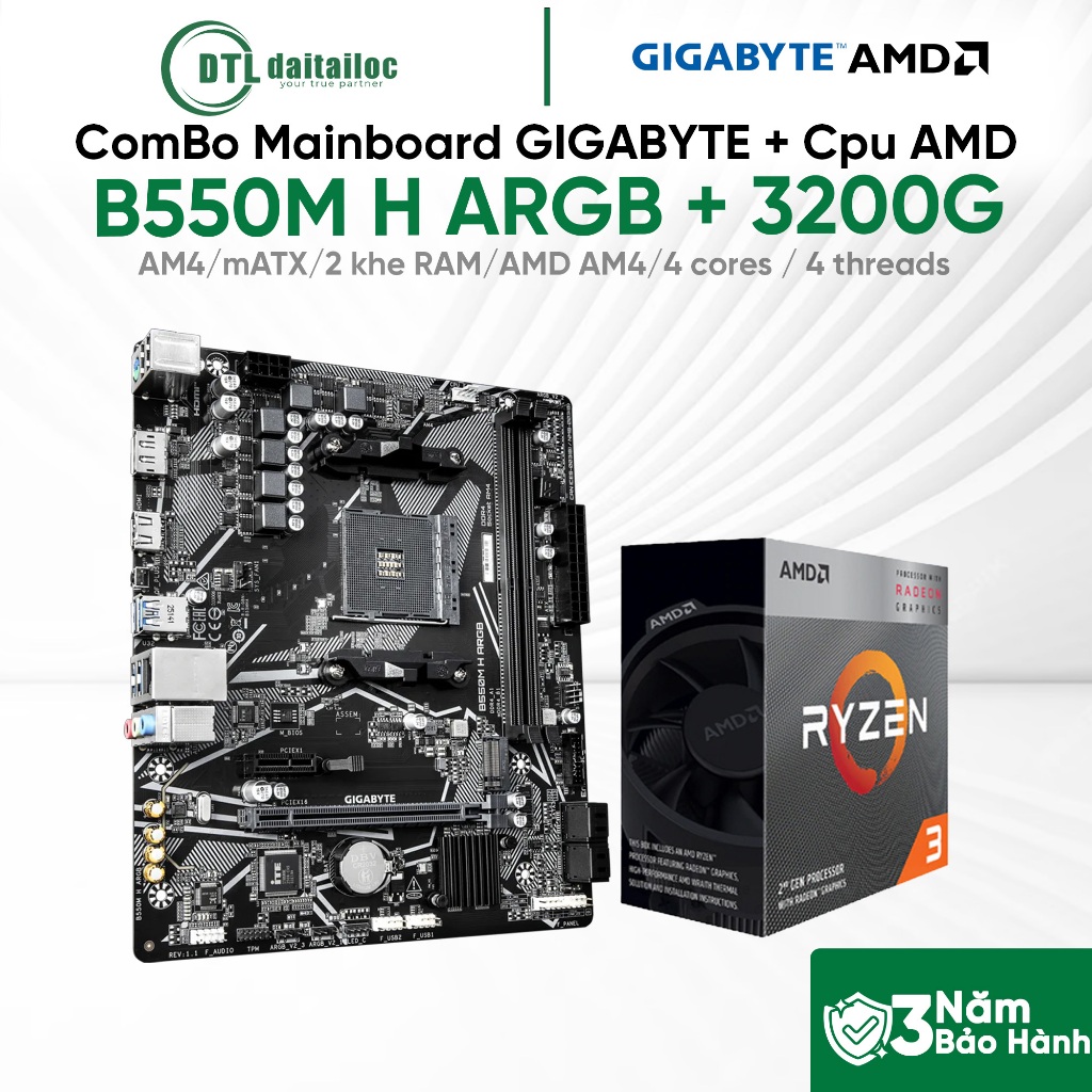 ComBo Mainboard GIGABYTE B550M H ARGB + Cpu AMD Ryzen 3 3200G | Chính Hãng | Bảo Hành 36 Tháng