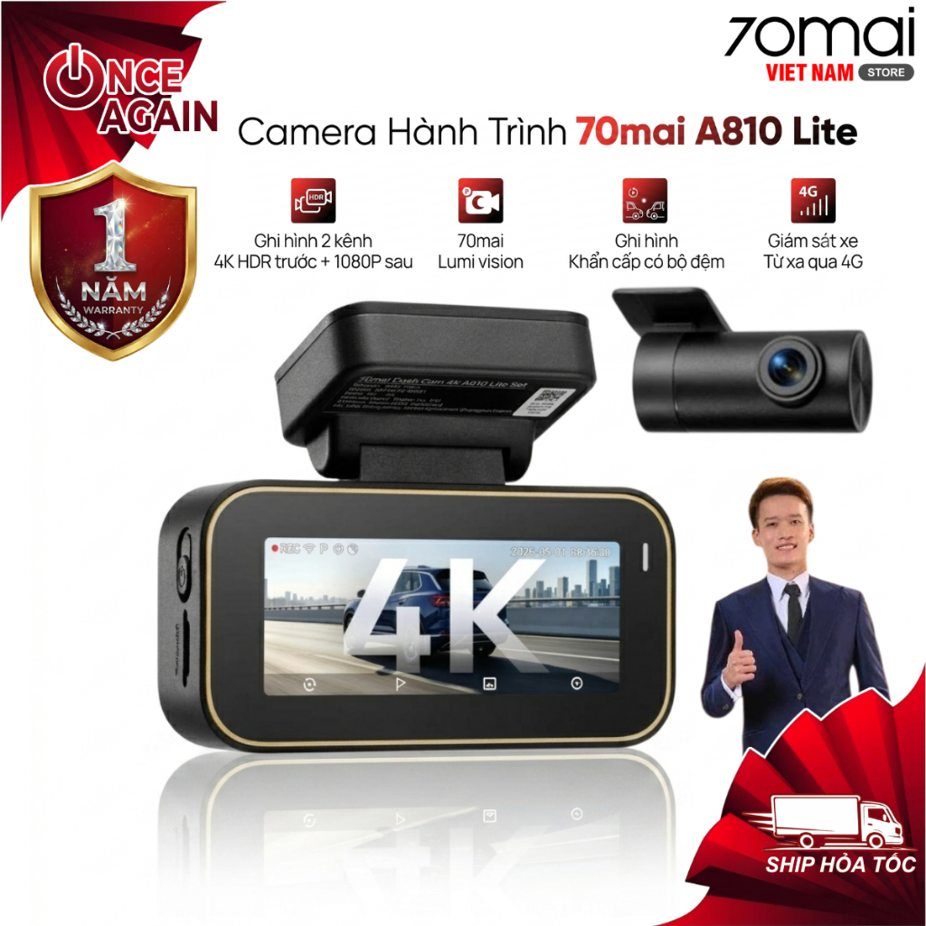 Camera Hành Trình 70mai A810 Lite 4K HDR - Camera Hành Trình Ô Tô Ghi Hình Trước Sau Tích Hợp GPS Bả