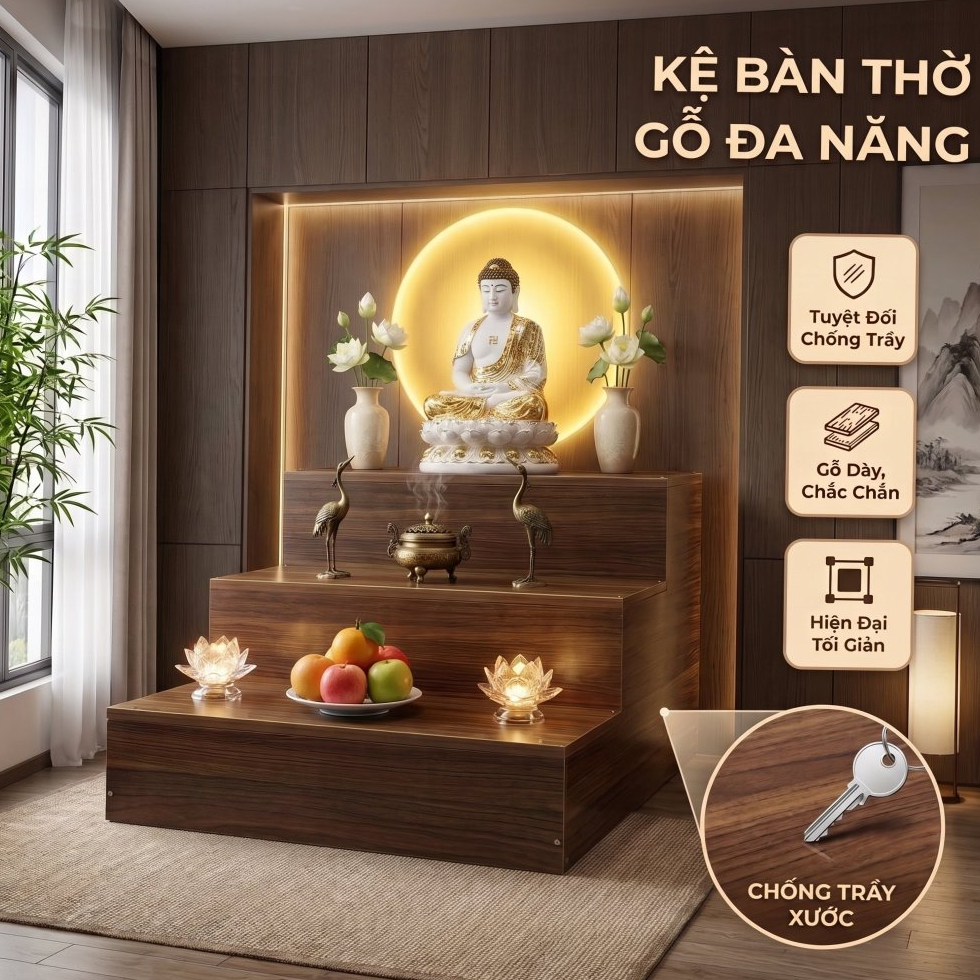 Bục gỗ tam cấp đôn tam cấp bàn thờ phật thờ gia tiên bàn thờ ông địa bàn thờ gỗ công nghiệp MDF bền 