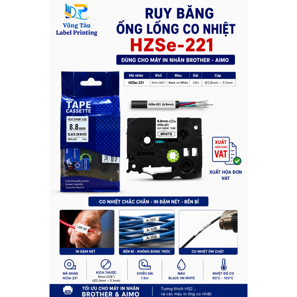 Ruy Băng Ống Lồng Co Nhiệt HZSe-221 9mm In Nhãn Dây Điện Cho Máy E1000 Pro