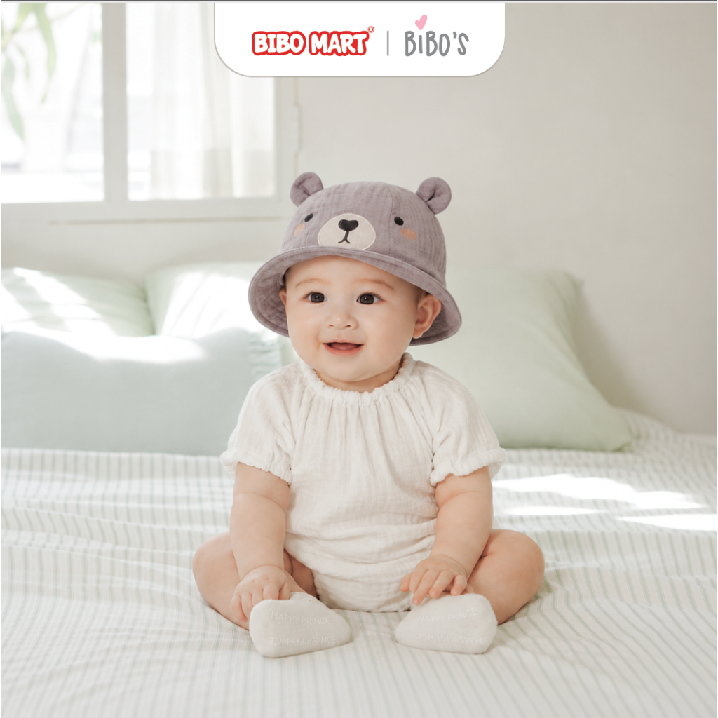 Mũ Bo Vành Bé Trai Bibo’s Vải Xô Ghi Thêu Gấu Dễ Thương Cho Bé - Bibo Mart