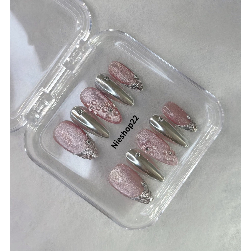 Nail Box Mắt Mèo Tráng Gương Bạc French Nổi - Press On Handmade | NB053