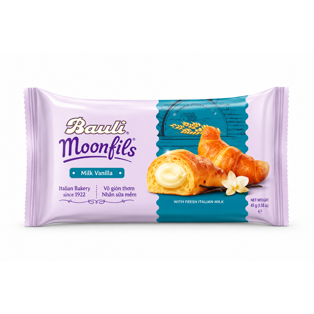 Bánh sừng bò Bauli Moonfils nhân kem Vanilla / Dâu / Socola – Bánh mềm xốp, tiện lợi ăn sáng & ăn nh