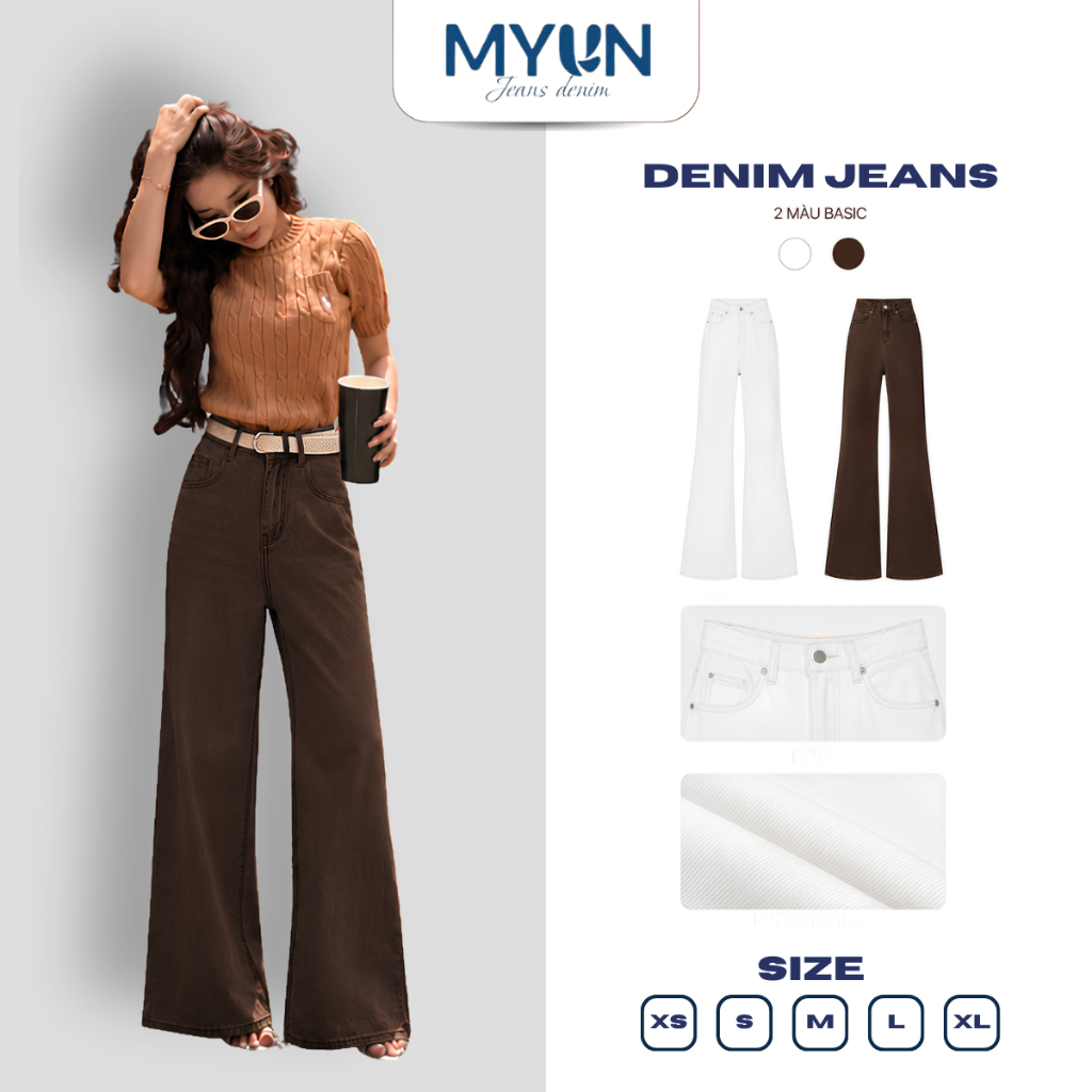 MYUN - Quần Jean Nữ ống rộng Loe, ống 34cm, cạp cao tôn dáng, quần bò loe NÂU CHOCO vải cotton JL000