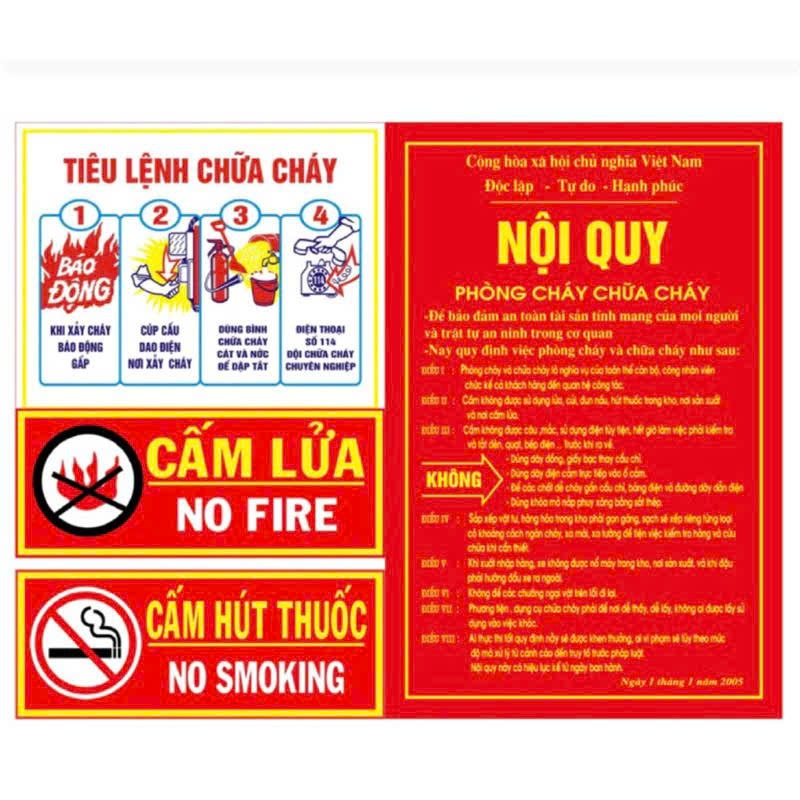 Bộ Nội Quy Tiêu Lệnh PCCC (4 tấm) 30x40cm; Nội quy (30x40cm), tiêu lệnh (30x40)cấm lửa (15x20cm); cấ