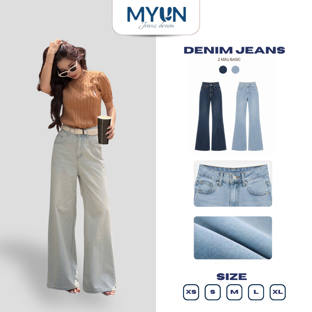 MYUN - Quần Jean ống Loe nữ dáng , ống rộng 34cm, cạp cao tôn dáng, quần jean ống rộng loe denim xan