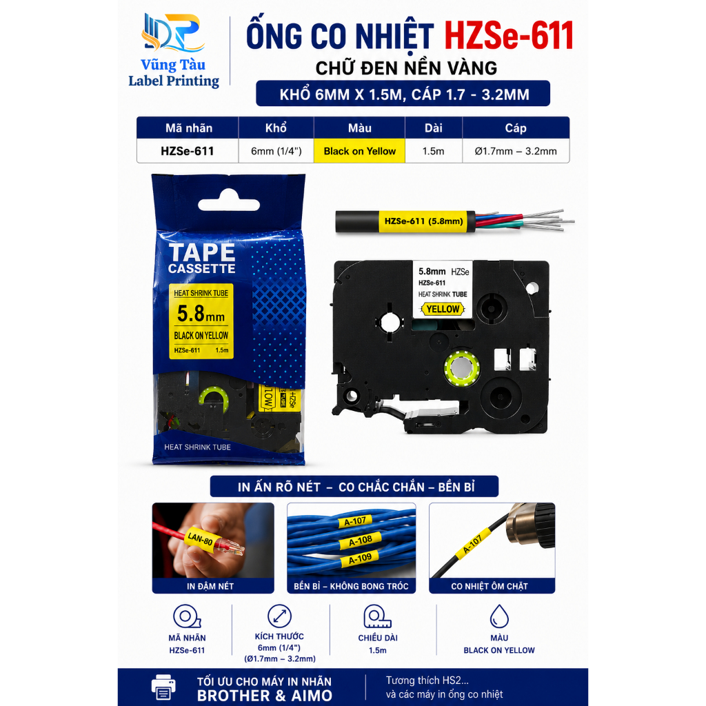 Ruy Băng Co Nhiệt HZSe-611 Vàng 6mm In Tem Dây Cáp Cho AIMO E1000 Pro Brother