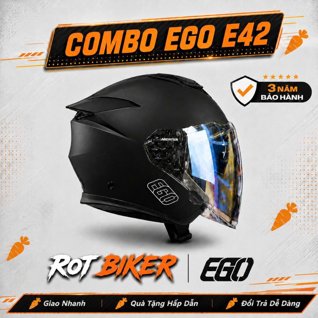 Mũ 3/4 2 Kính EGO E42 Đen Nhám